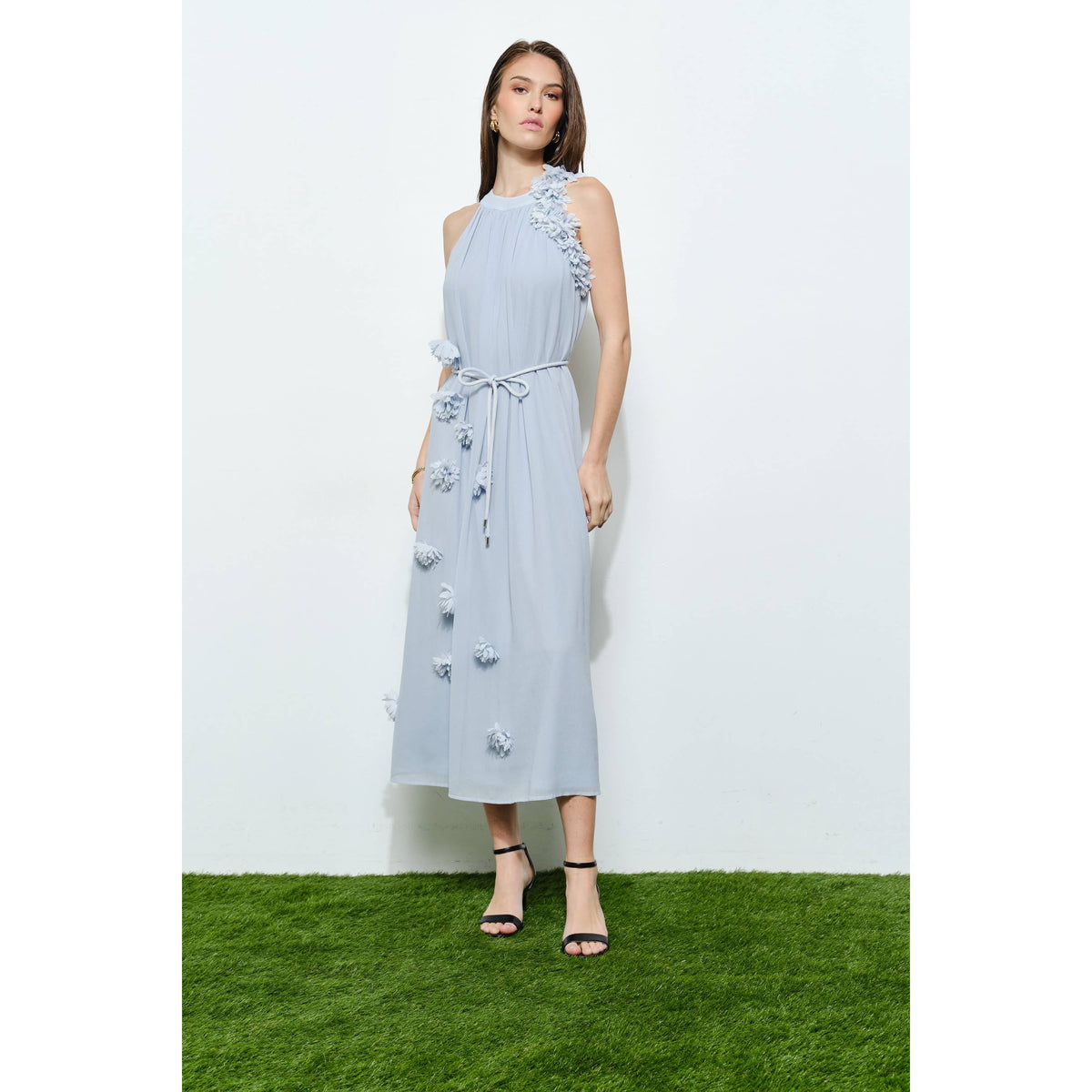 Romantic Texture Flowers Sleeveless Midi Dress