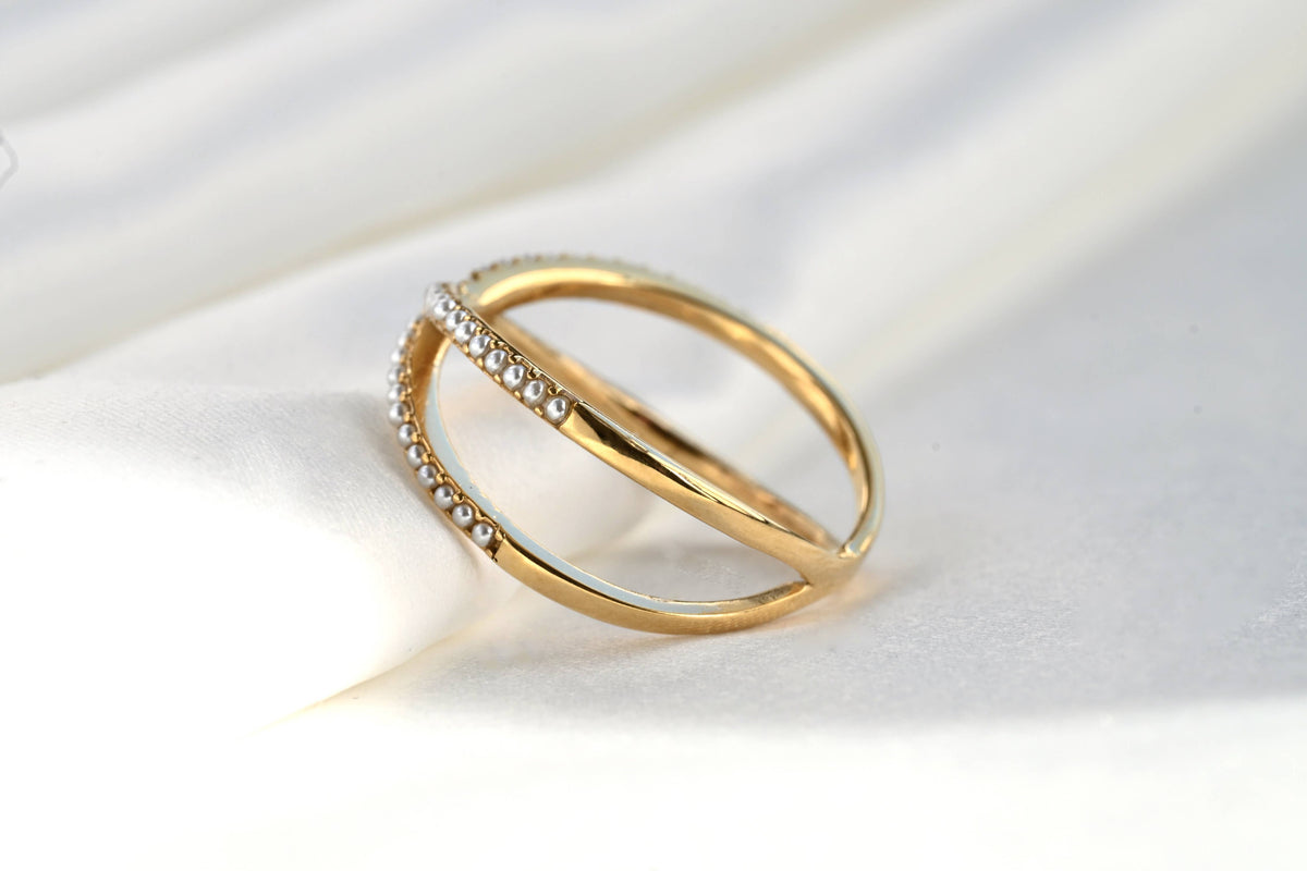 Pave Pearl Criss Cross Ring - Waterproof Gold X Pearl Ring