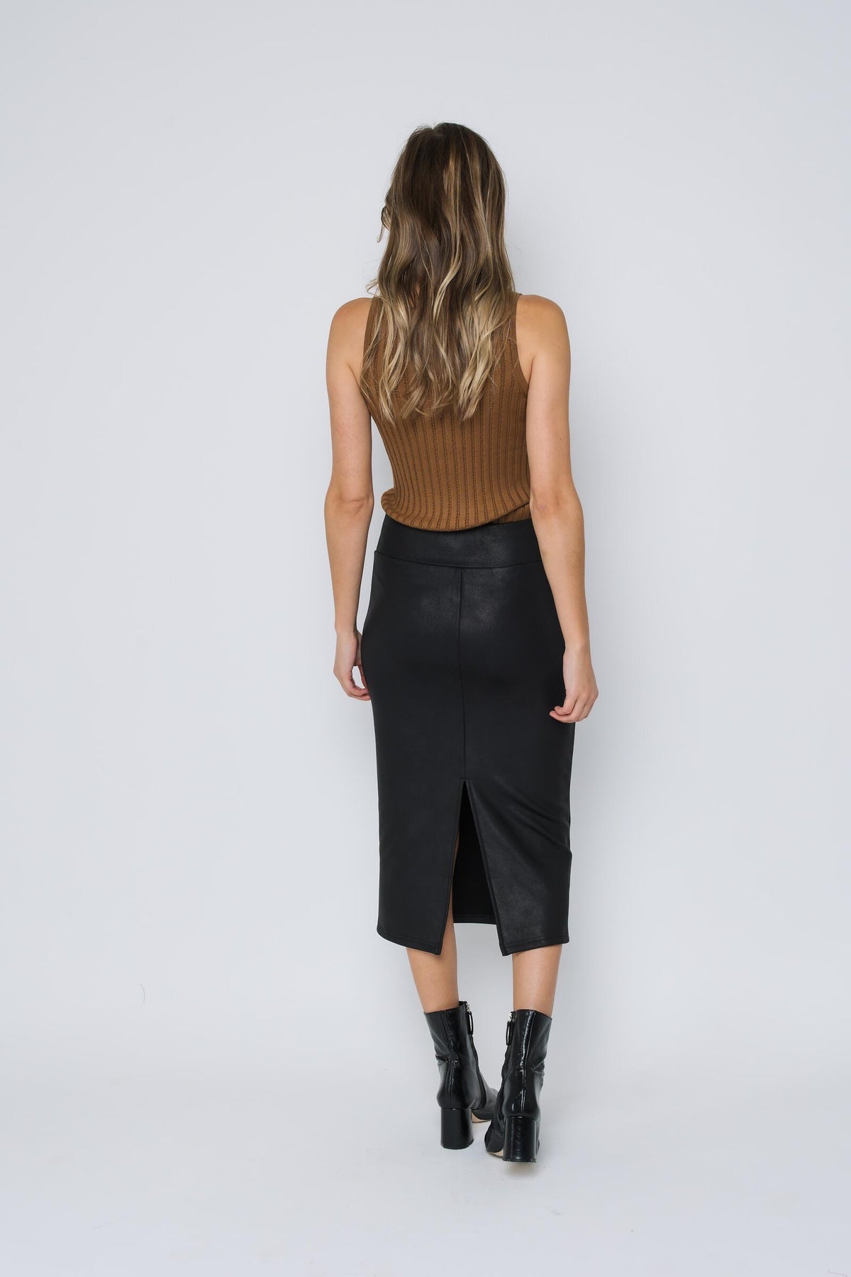 Erin-Faux Leather Midi Skirt