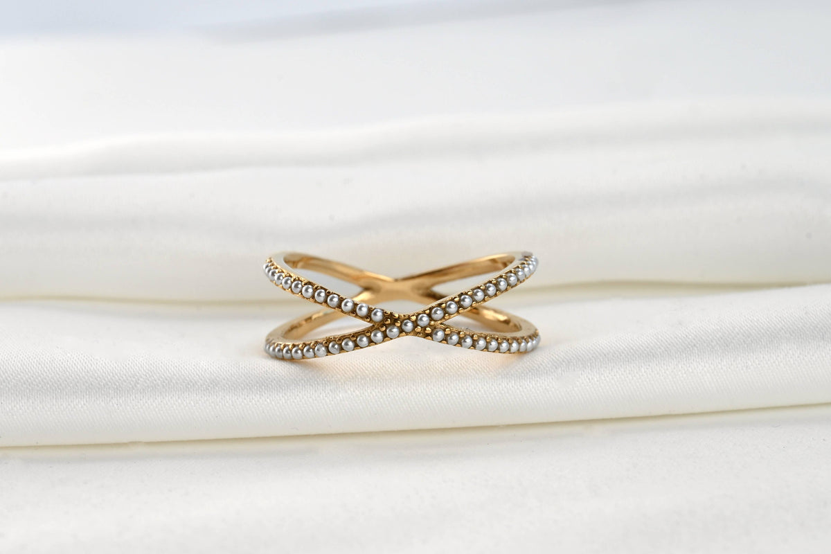 Pave Pearl Criss Cross Ring - Waterproof Gold X Pearl Ring