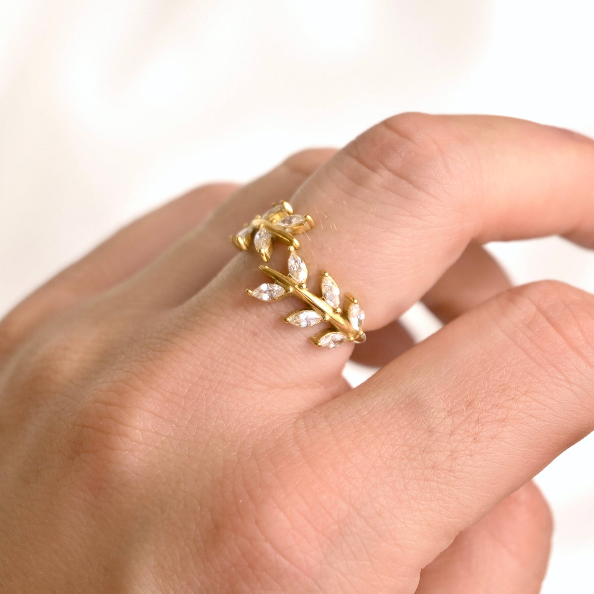 Gold Marquise CZ Olive Branch Ring - Stainless Steel