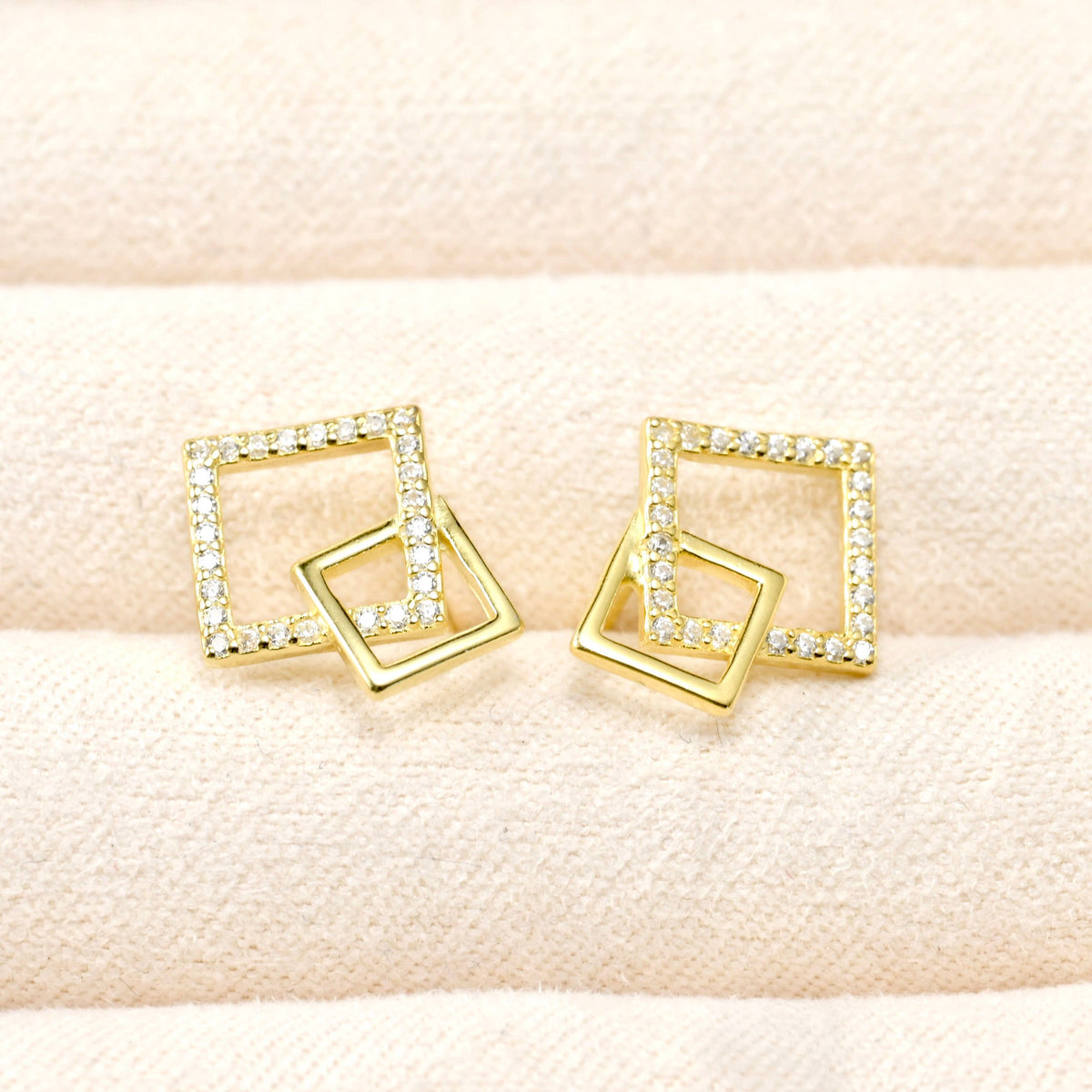 Silver Square Link Studs - 925 Silver Square Pave CZ Studs