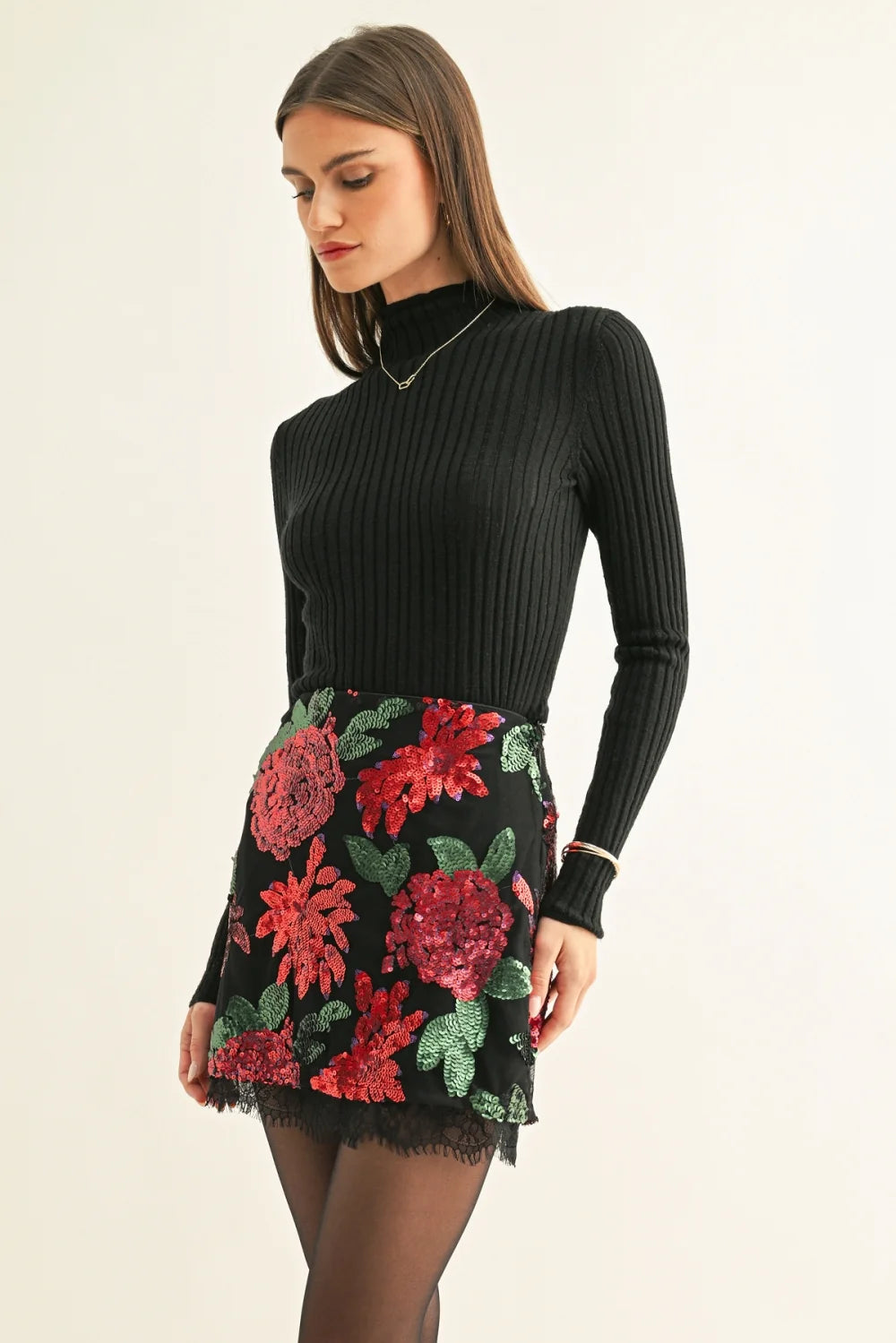 Brynlee Lace Hem Sequin Skirt