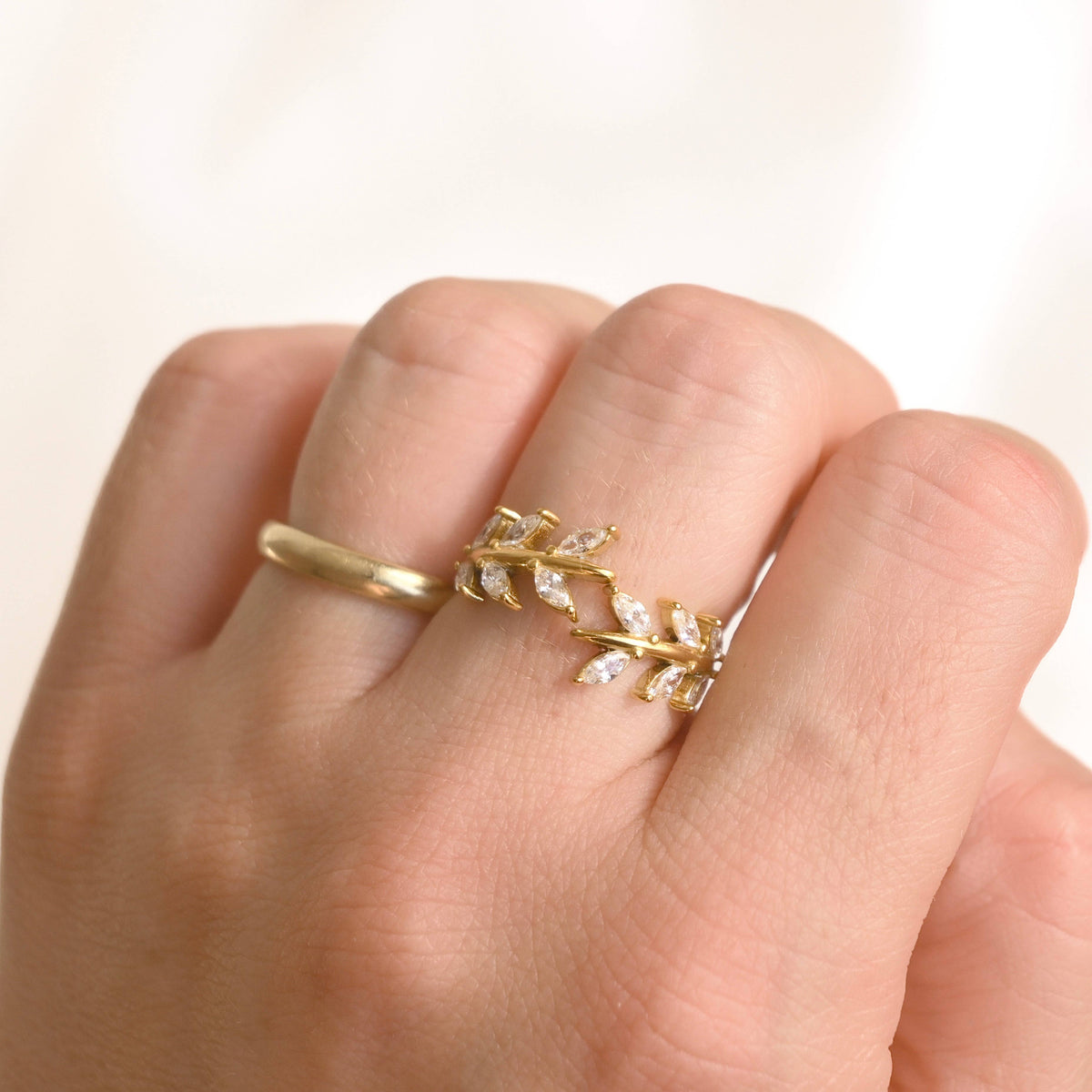 Gold Marquise CZ Olive Branch Ring - Stainless Steel