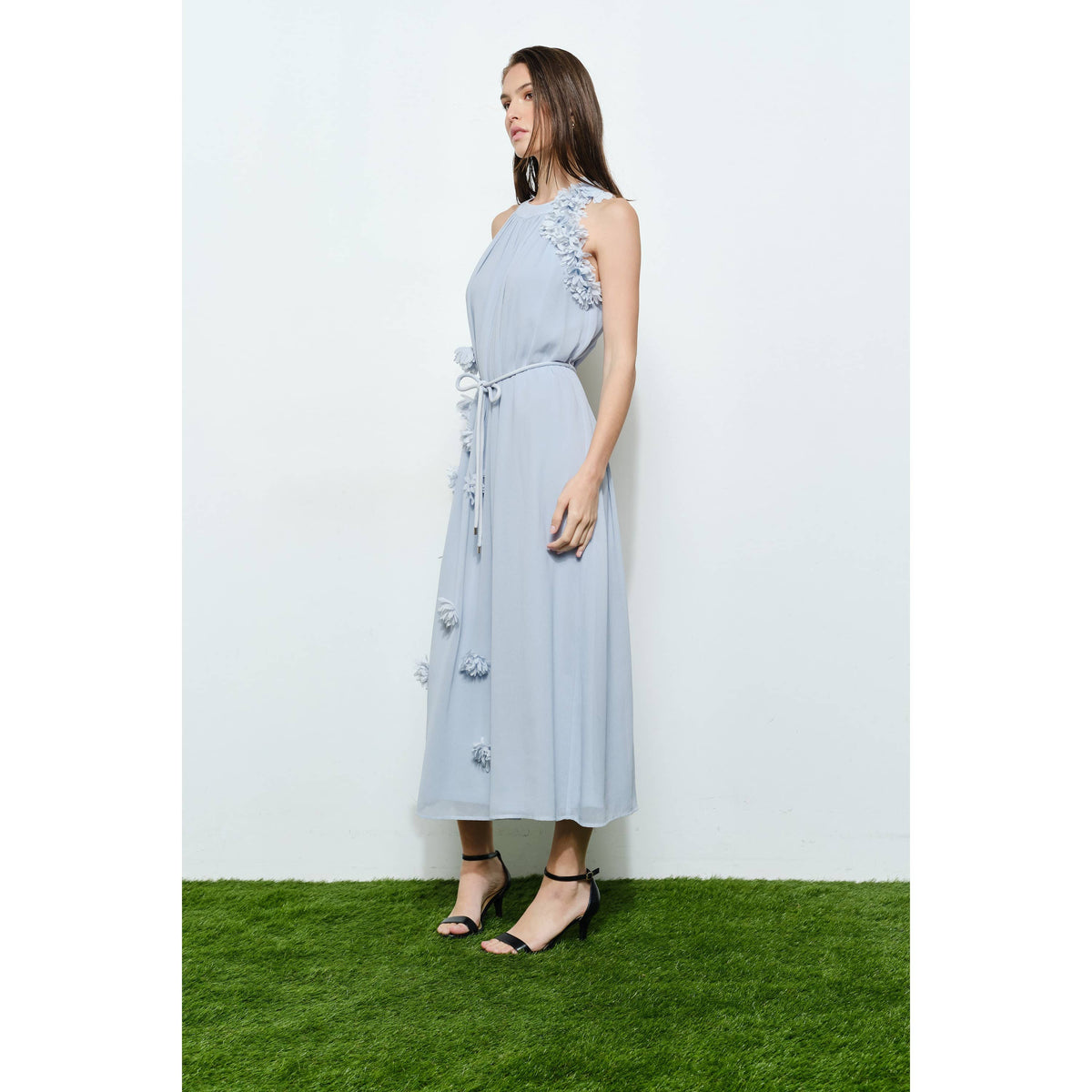 Romantic Texture Flowers Sleeveless Midi Dress